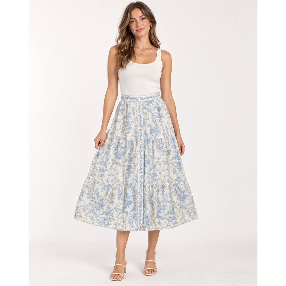 Laura Ashley Midi Skirt Womens Large Blue Floral Tiered Button Front Linen Boho